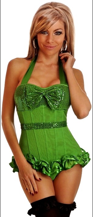 Green sequined strapped overbust